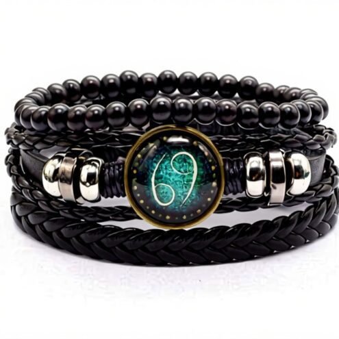 Vintage Braided Leather Zodiac Bracelet for Men &ndash; Cowhide Cord Bracelet with Geometric Charm