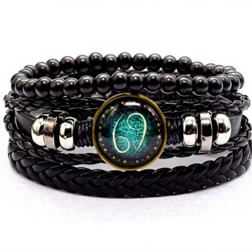 Vintage Braided Leather Zodiac Bracelet for Men – Cowhide Cord Bracelet with Geometric Charm