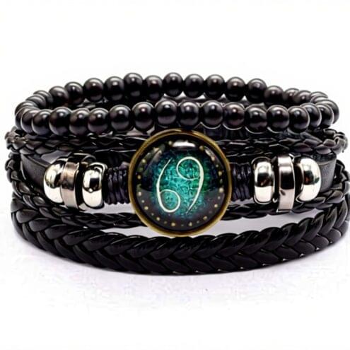 Vintage Braided Leather Zodiac Bracelet for Men – Cowhide Cord Bracelet with Geometric Charm